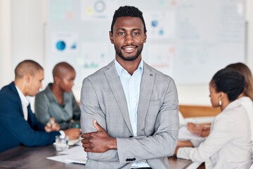 Poster - Leadership, meeting and planning with a black man and his business team in the boardroom for strategy. Portrait, leader and collaboration with a male manager standing arms crossed in his office
