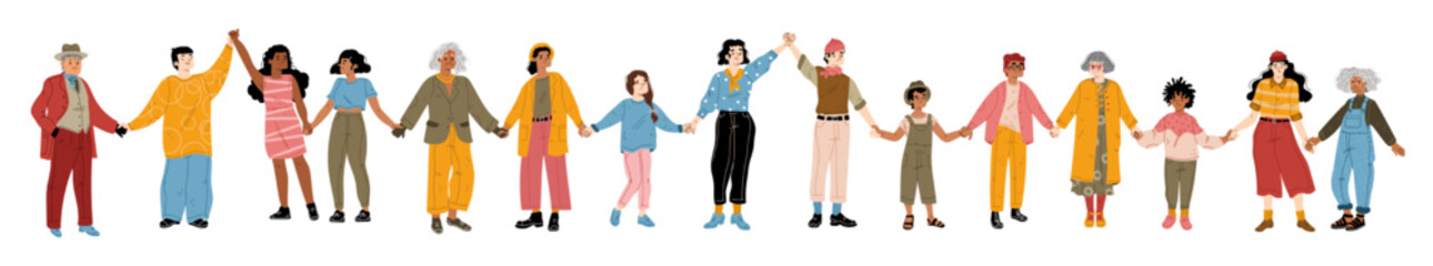 Multiethnic adult people and children holding hands isolated on white background. Senior, young characters and kids standing in line together. Friendship, support and unity. Flat vector illustration