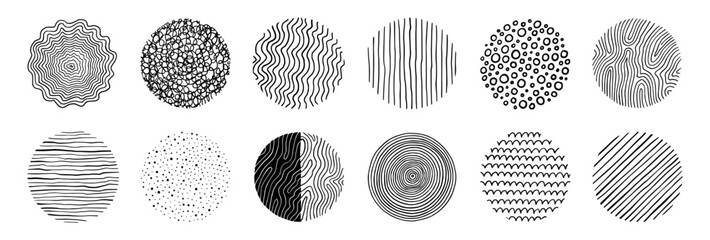 Aufkleber - Abstract line pattern circle set. Hand drawn texture, doodle decorative line, spiral, scribble graphic round element. Circle drawn brush grunge texture. Vector illustration