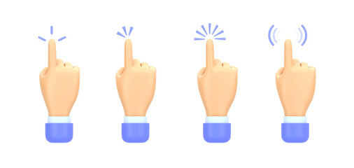Poster - Hand touches fingerprint scanner 3d render. Cartoon set of arm icon with different click effects, tap screen, finger press button, user interface elements isolated on white background