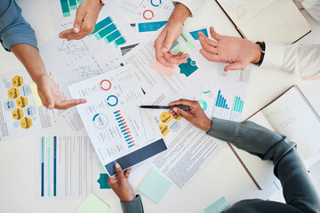Aufkleber - Digital marketing, hands and data analysis meeting for financial reports and branding for a startup company. Paperwork, charts and business people planning a global seo promotional campaign project