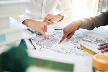 Aufkleber - Blueprint, design and hands of architects planning construction, strategy and idea for architecture property. Illustration, meeting and industrial employees talking about maintenance on paper