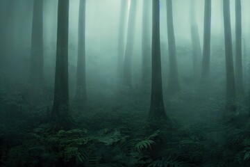 Poster - Foggy night forest with dark tree trunks 3D illustration.