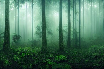 Poster - Foggy night jungle forest, dark trees in white mist 3D illustration.