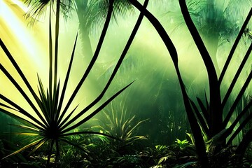Poster - Tropical palm forest at sunset, sunbeams on trees and green leaves 3D illustration.