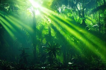 Poster - Tropical palm forest at sunset, sunbeams on trees and green leaves 3D illustration.