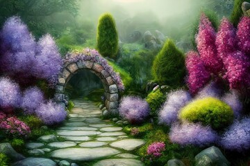 Blooming garden on a summer day, stone arch with a path, lilac bushes under the sky with clouds 3D illustration