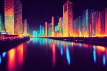 Wall Mural - Night city with neon lights that are reflected on the surface of the water. City on the shore of a reservoir with residential buildings 3D illustration.