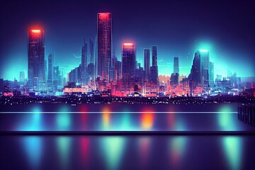 Aufkleber - Night city with neon lights that are reflected on the surface of the water. Modern city by the sea with residential buildings and skyscrapers 3D illustration.