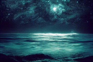 Poster - Night seascape with beautiful smooth waves. Night view of the sea. Starry dark sky with moon 3D illustration.