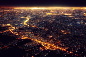 Aufkleber - Night city with lights, top view. neon lights of streets and buildings 3D illustration.