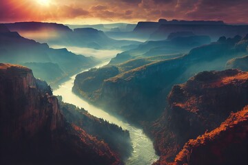 Poster - Canyon, river valley with very steep steep slopes and a narrow bottom under a cloudy sky 3D illustration.