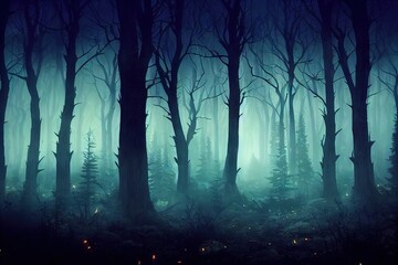 Wall Mural - Dark forest with magical glow at night with dark tree trunks 3D illustration.