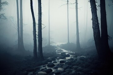 Poster - Foggy night forest in moonlight with dark tree trunks. Shallow river in the forest with stones 3D illustration.