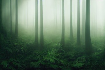 Poster - Foggy night forest with dark tree trunks 3D illustration.