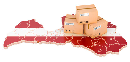 Poster - Parcels on the Latvian map. Shipping in Latvia, concept. 3D rendering