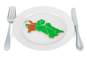 Poster - Turkmen cuisine concept. Plate with map of Turkmenistan. 3D rendering
