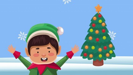 Wall Mural - little elf celebrating with tree animation