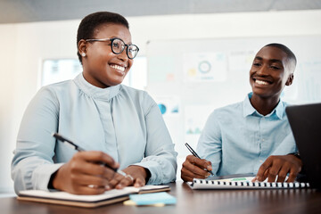 Poster - Black woman, man and writing with planning, strategy and development of company growth in advertising meeting. Business people with teamwork, business meeting and b2b support for startup project idea