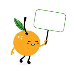 Wall Mural - Cute and happy cartoon style orange fruit character holding empty sign,  card, banner for message, information.
