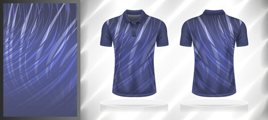 Vector sport pattern design template for Polo T-shirt front and back with short sleeve view mockup. Dark and light shades of blue-grey color gradient abstract line texture background illustration.