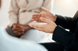 © C D/peopleimages.com - Woman, hands and support circle for office team building, company mental health or teamwork collaboration. Zoom, help or business people with worker diversity in psychology counseling therapy meeting