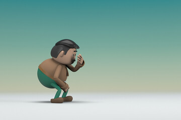 The man  with mustache wearing a brown long sleeve shirt green pants.  He is sad or in pain. 3d illustrator of cartoon character in acting.