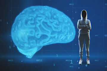 Poster - Abstract image of hacker with creative blue brain hologram on blurry background. Neurology, data hacking, theft, anatomy, ai and machine learning concept.
