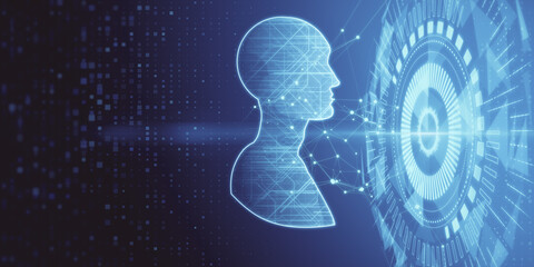 Poster - Abstract glowing artificial intelligence and machine learning hologram on blurry blue texture. 3D Rendering.