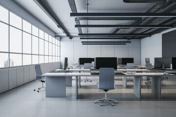 Wall Mural - Modern concrete coworking office interior with window and city view, furniture and equipment. 3D Rendering.