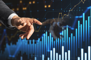 Aufkleber - Close up of male hand pointing at creative candlestick forex chart index hologram on blurry blue background with reflection. Trade, business market and finance analysis concept. Double exposure.