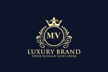 Letter Initial MV Elegant Luxury Monogram Logo Or Badge Template With Scrolls And Royal Crown, Perfect For Luxurious Branding Projects
