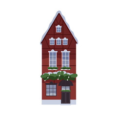 Fototapete - Europe building architecture, decorated facade for winter holiday. Christmas house exterior with festive Xmas decoration. Home with roof in snow. Flat vector illustration isolated on white background