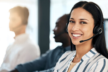 Poster - Telemarketing, customer support, and woman online help worker consulting on an office online call. Portrait of a happy call center and crm employee with headset working on a customer service job