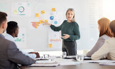 Aufkleber - Manager, ceo and leader with coaching, infographic and team planning, graph and chart for company growth or development. Business people learning, seo training and workshop presentation from mentor