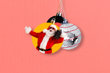 Sticker - Collage photo of funny abstract creative decoration santa claus hold boombox christmas tree ball preparation isolated on pink color background