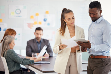 Poster - Tablet, planning and meeting with a business team at work together in a boardroom before a planning discussion. Teamwork, technology and strategy with a man and woman employee group working online