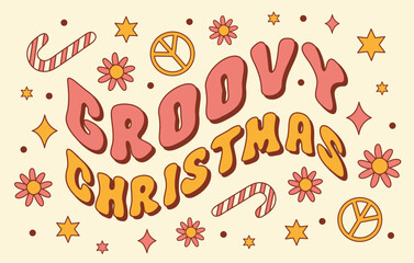 Aufkleber - Groovy Christmas horizontal background. Retro vintage banner in style 60s, 70s. Wavy text, daisy flowers, sweets and peace symbol on beige background. Trendy vector illustration