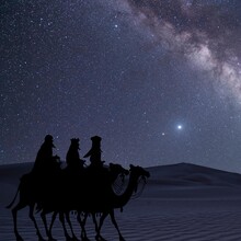 Three Wise Men,  On A Night In The Desert Full Of Stars, Three Wise Men Traveling In The Desert To Deliver Gifts. 