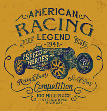 American Retro Racing Team Legendary Car Competition  Vintage Print For Boy Man T Shirt Grunge Effect In Separate Layer