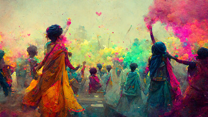 people celebrating for holi festival of colour in nepal , india illustation design