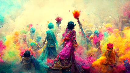 people celebrating for holi festival of colour in nepal , india illustation design