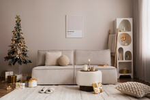 Domestic And Cozy Christmas Living Room Interior With Corduroy Sofa, White Shelf, Mock Up Poster Frame, Christmas Tree, Decoration, Wreath, Gifts And Accessories. Home Decor. Family Time. Template.