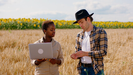 Poster - Multiracial farmers in the middle of wheat field using the laptop to analyse the statistics of harvest from this year they have a discussion in front of the camera