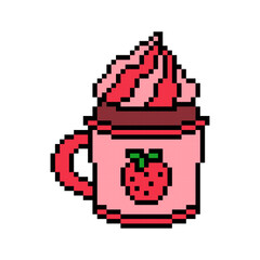 Homemade easy cooking microwave strawberry cupcake with cream in a mug, pixel art dessert illustration isolated on white background. Old school retro 80s-90s 8 bit slot machine, video game graphics.