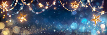 String Star Lights In Blue Defocused Abstract Background With Glittering And Bokeh