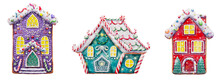 Set Of Christmas House Gingerbread Cookies Isolated Watercolor Illustration, Gingerbread House With Colorful Candy And Candy Canes Decorated Sweet Cookie House For Christmas And New Year Party.
