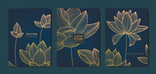 Vector Japanese Lotus, Flower Patterns. Floral Golden Elements Template In Vintage Style. Luxury Black Line Covers, Flyers, Brochures, Packaging Design, Social Media Post, Banners