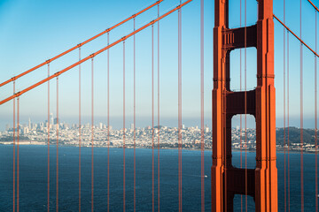 San Francisco, CA, USA - September 2, 2022: Skyline of San Francisco seen through the Golden Gate Bridge