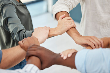 Canvas Print - Hands, office community and diversity employee group together to show support and trust. Business, workforce and teamwork of a worker with staff giving a helping hand for the workplace collaboration